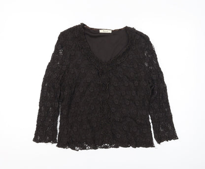 Précis Women's Black Lace Top, Large, 3/4 Sleeve V-Neck