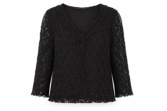 Précis Women's Black Lace Top, Large, 3/4 Sleeve V-Neck