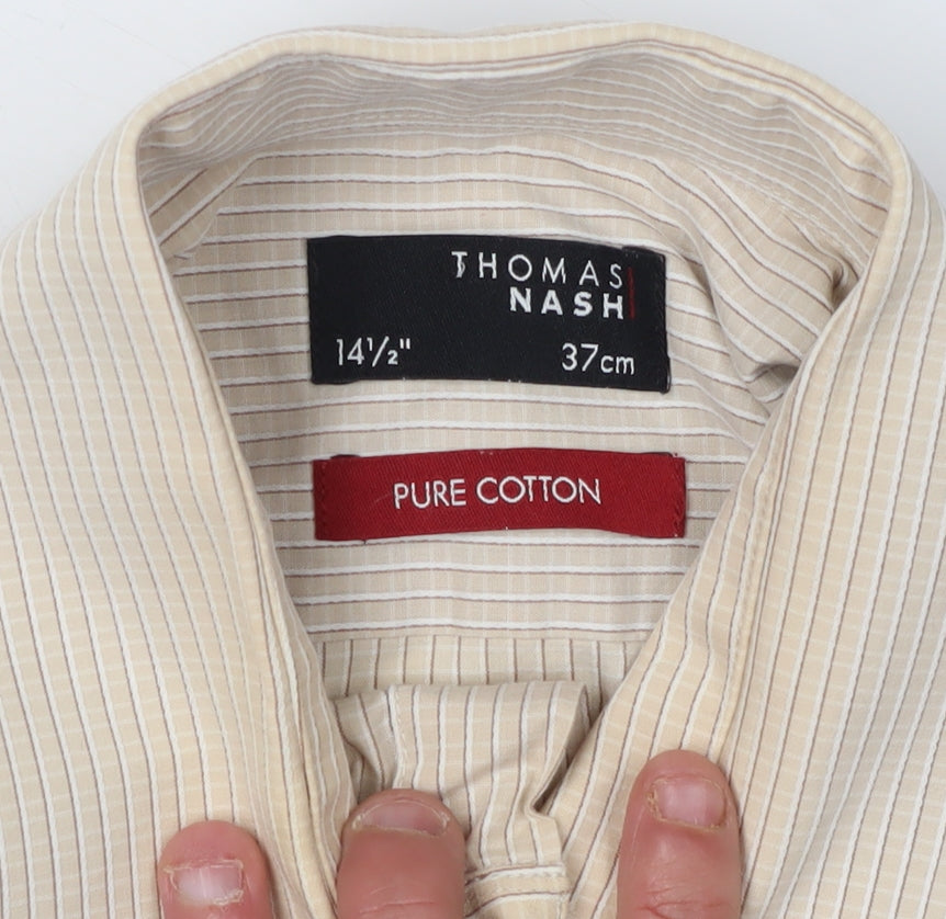 Thomas Nash Men's Beige Striped Cotton Shirt, Size 14.5