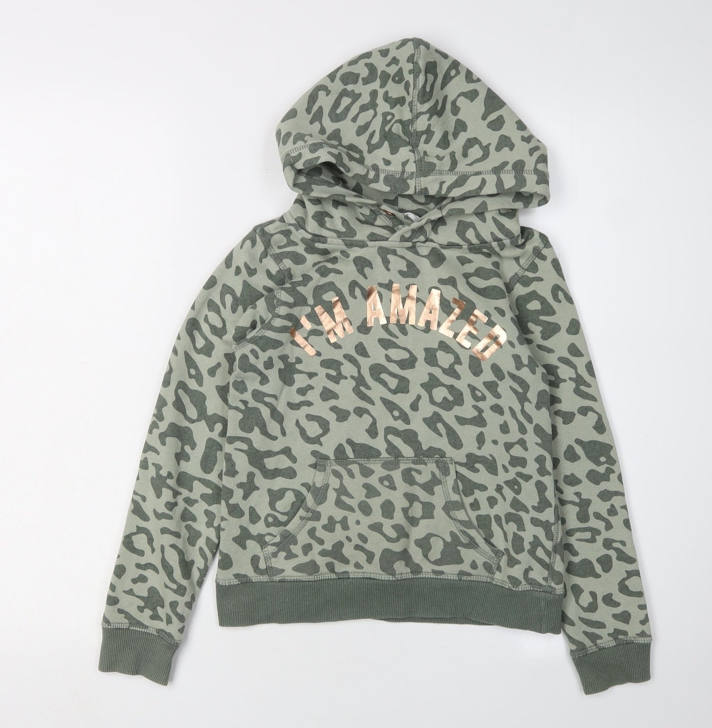 H&M Girls Green Leopard Print Pullover Hoodie, 9-10 Years