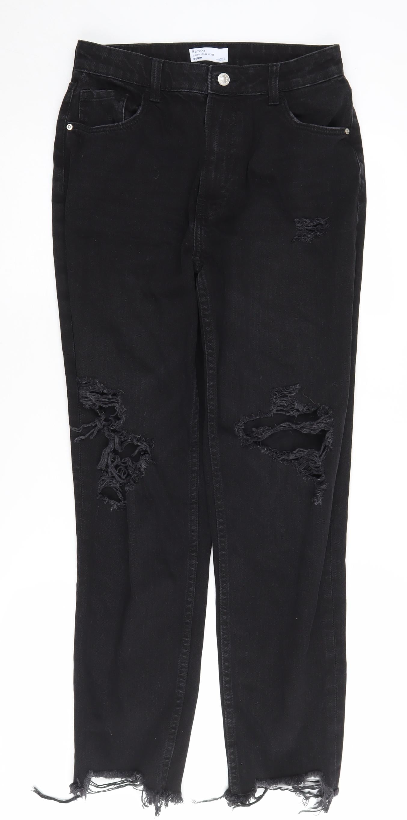 Bershka Women's Black Distressed Straight Jeans Size 10