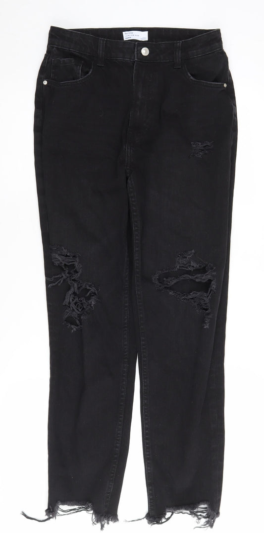Bershka Women's Black Distressed Straight Jeans Size 10