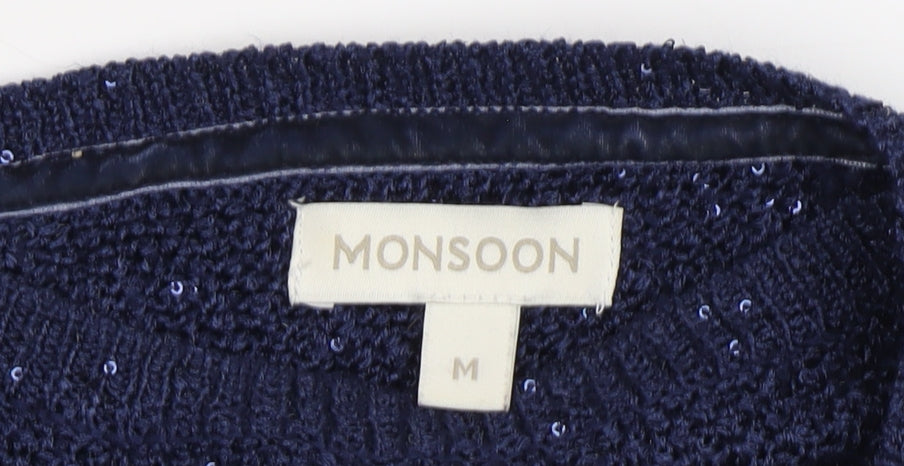Monsoon Women's Blue Knit Pullover Jumper, M, 3/4 Sleeve