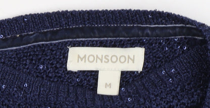 Monsoon Women's Blue Knit Pullover Jumper, M, 3/4 Sleeve