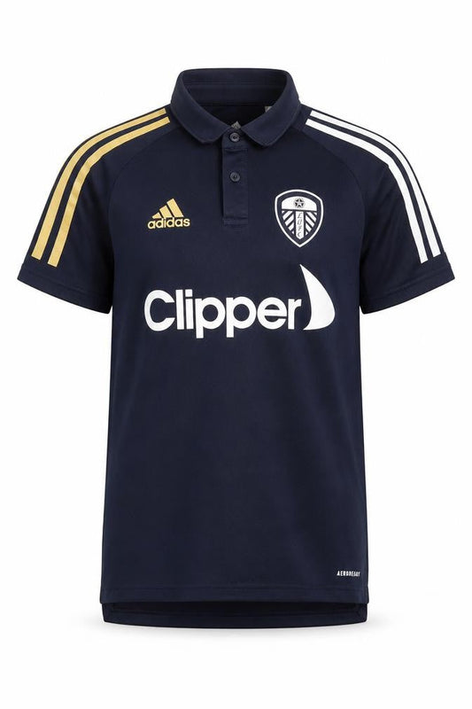 Front view of Adidas boys’ blue polo shirt xs short sleeve logo sporty