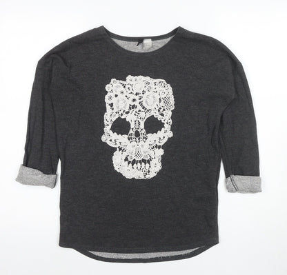 H&M Women Grey Skull Pullover Sweatshirt Size 6