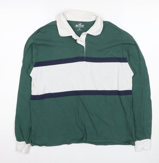 Hollister Men's Green Striped Long Sleeve Polo S
