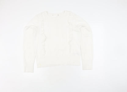 Oasis Women's White Pullover Jumper, Size M, Ruffle Accent