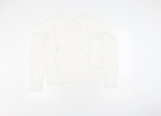 Oasis Women's White Pullover Jumper, Size M, Ruffle Accent