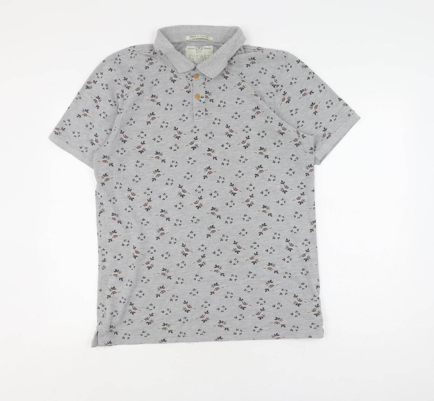 Grey Floral Polo Shirt, Unisex L, Classic Casual Style