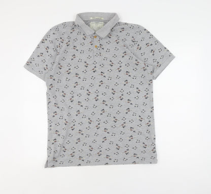 Grey Floral Polo Shirt, Unisex L, Classic Casual Style