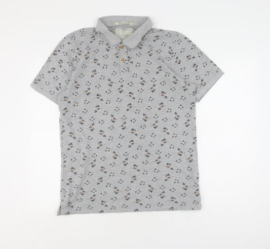 Grey Floral Polo Shirt, Unisex L, Classic Casual Style