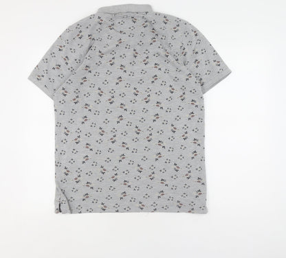 Grey Floral Polo Shirt, Unisex L, Classic Casual Style