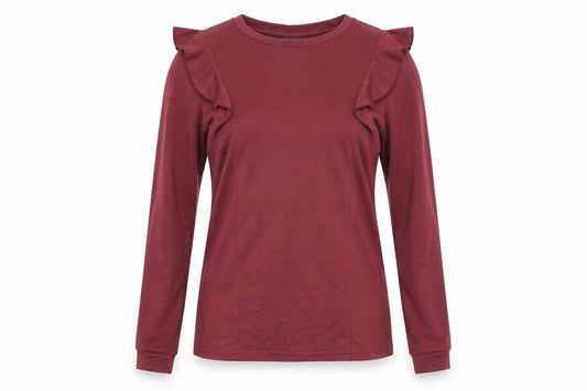 Front view of ICHI Women's Red Ruffle Jersey Blouse -, size S
