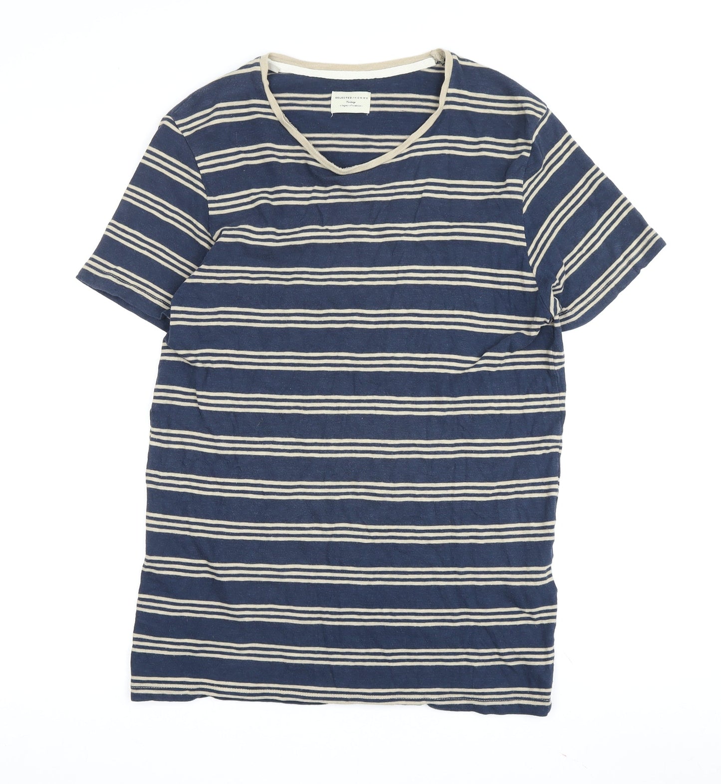 Selected Homme Men’s Blue Striped V-Neck T-Shirt M