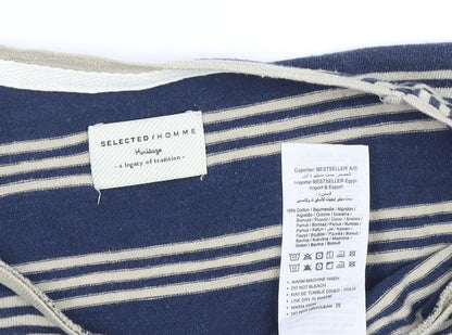 Selected Homme Men’s Blue Striped V-Neck T-Shirt M