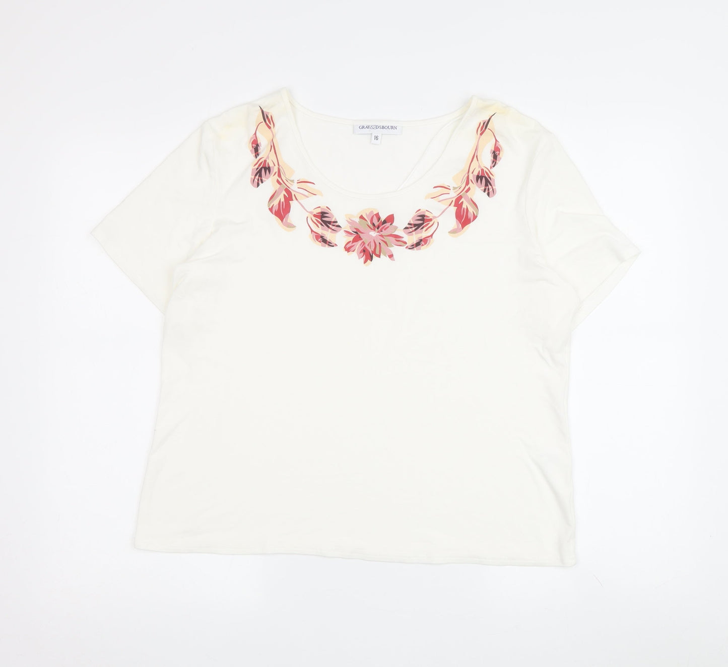 Grauzas Women's Ivory Floral T-Shirt, Size 16, Scoop Neck