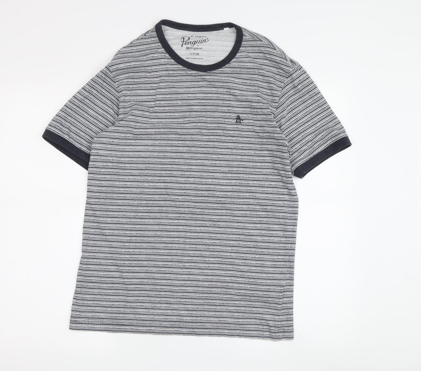 Penguin Men's Grey Striped T-Shirt, Size S, Cotton Crew