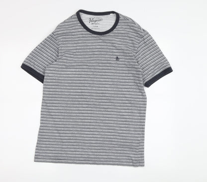 Penguin Men's Grey Striped T-Shirt, Size S, Cotton Crew