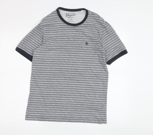 Penguin Men's Grey Striped T-Shirt, Size S, Cotton Crew