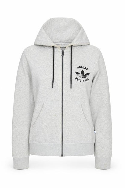Front view of Adidas Grey unisex hoodie, size 12, full zip, casual