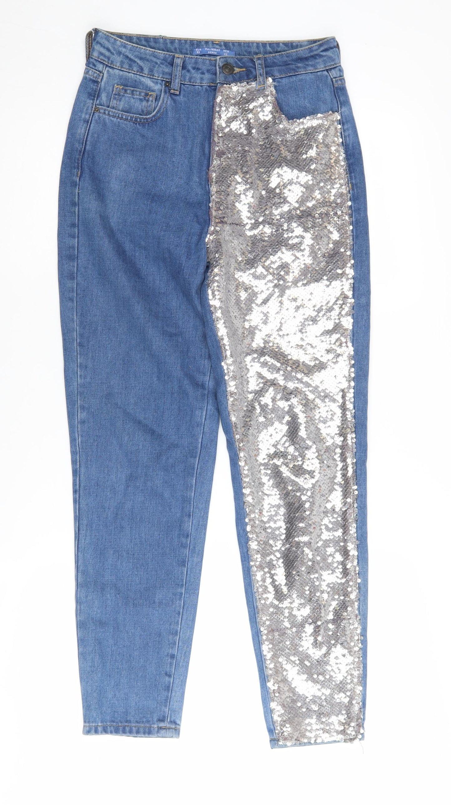 Pull & Bear Women's Blue Sequin Mom Jeans Size 4