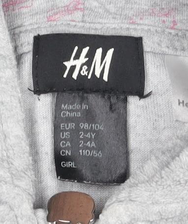 H&M Girls Grey Hoodie, Size 3-4 Years, Long Sleeve, Full Zip