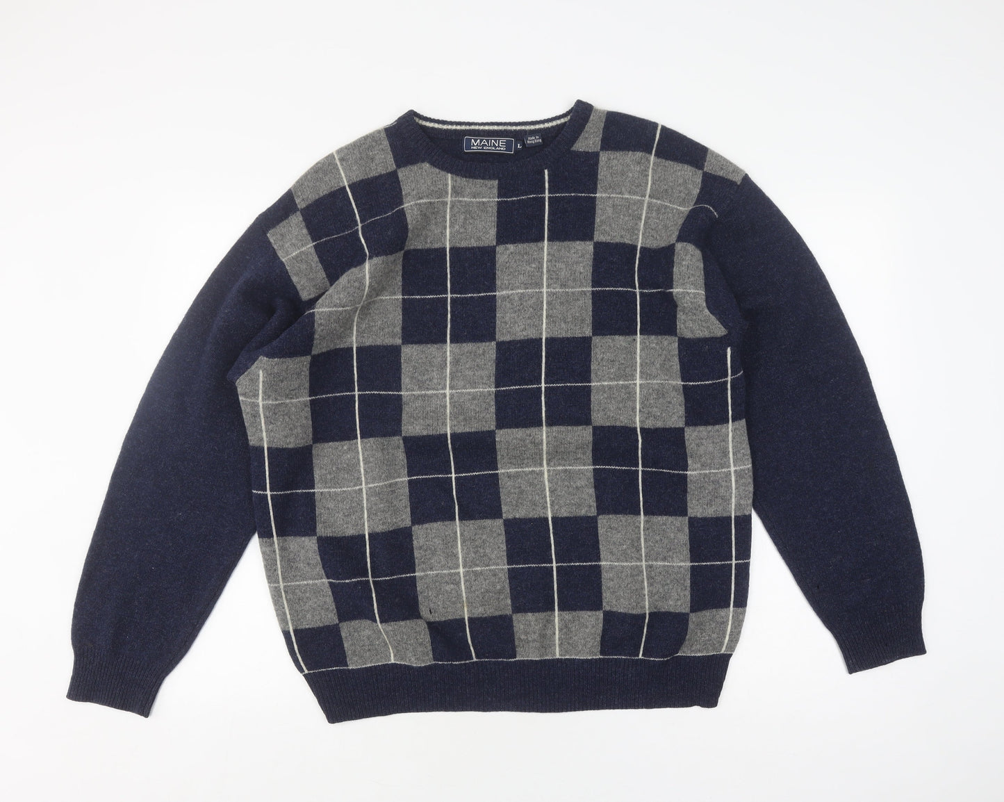 Maine New England Men's L Blue Grey Check Jumper