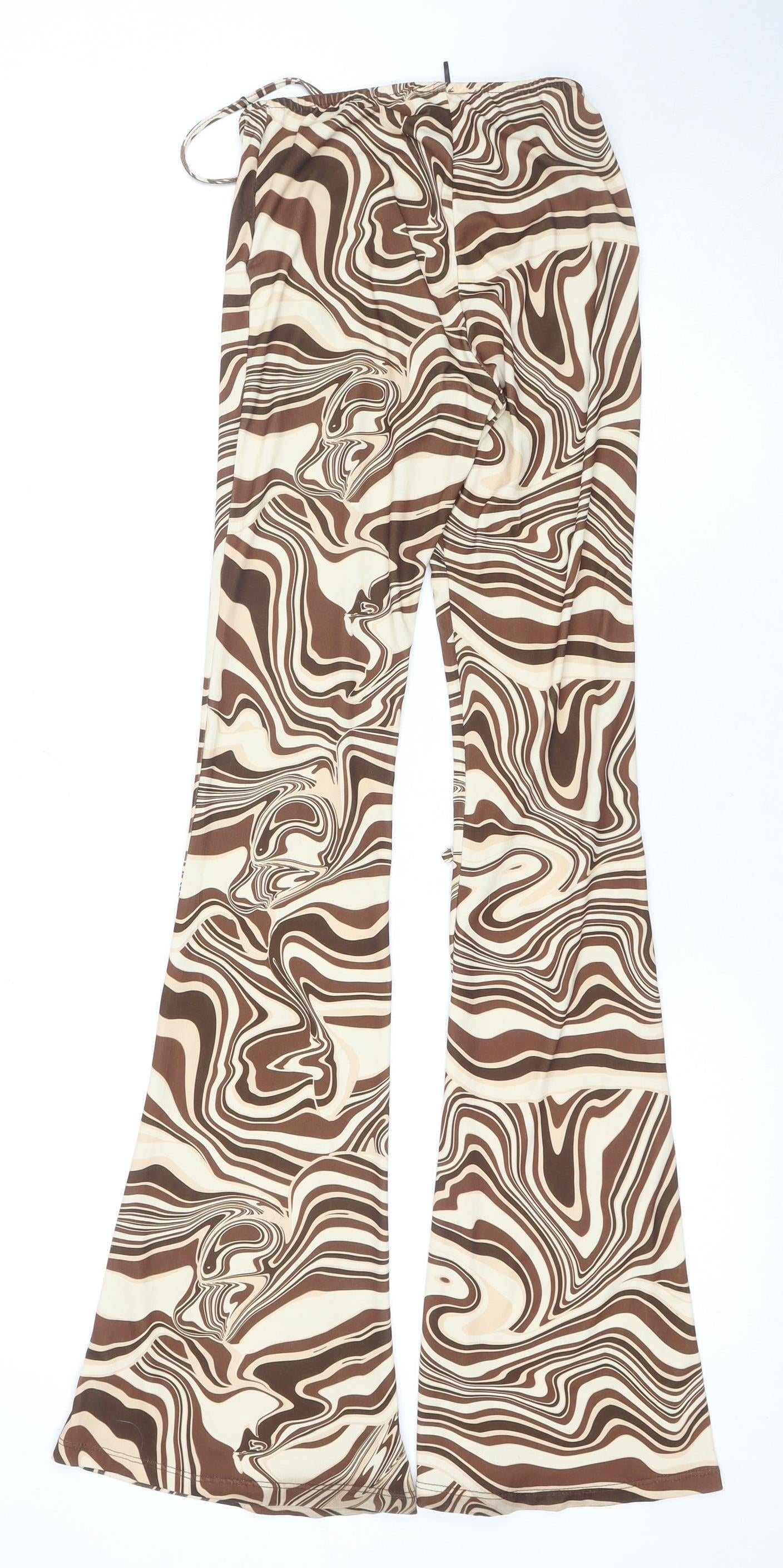 Bershka Women's Brown Geometric Flared Trousers 2XS