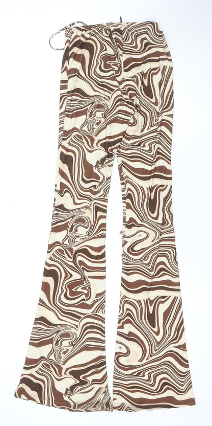 Bershka Women's Brown Geometric Flared Trousers 2XS