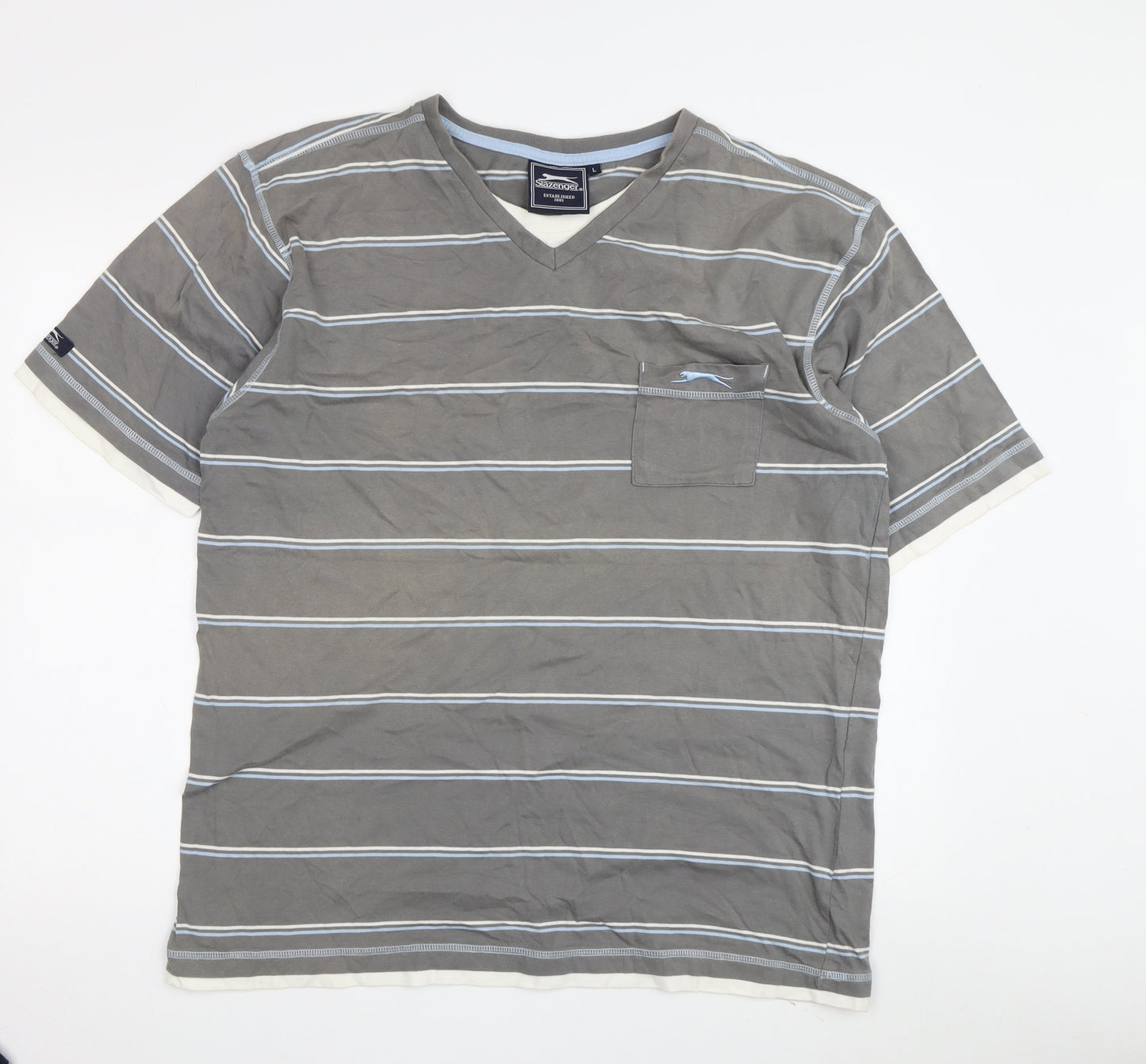 Slazenger Men's Grey Striped V-Neck T-Shirt, Size L