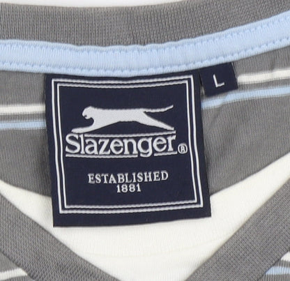 Slazenger Men's Grey Striped V-Neck T-Shirt, Size L