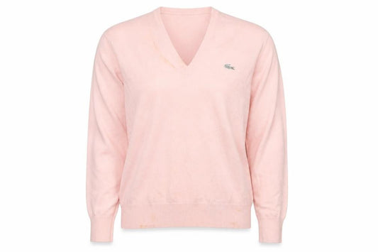 Front view of Lacoste Women's Pink V-Neck jumper, size 6
