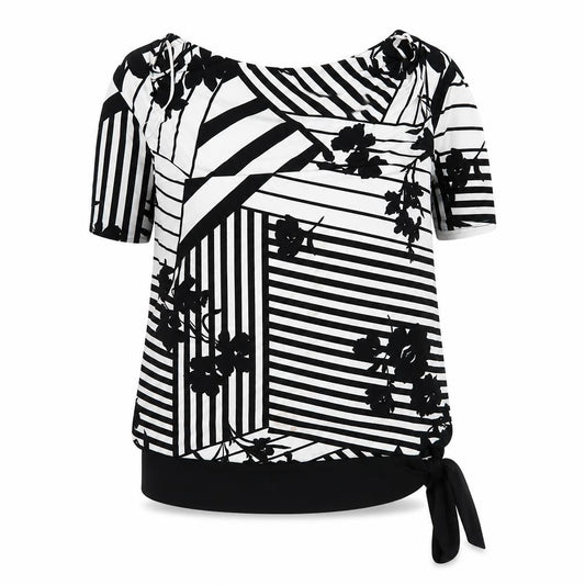 Front view of Roman Women's Black Striped Blouse, size 16, Short Sleeve