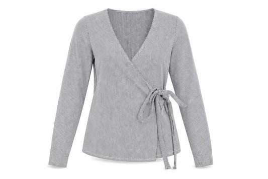Glamorous Bloom Women's Grey Striped Wrap Blouse Size 8