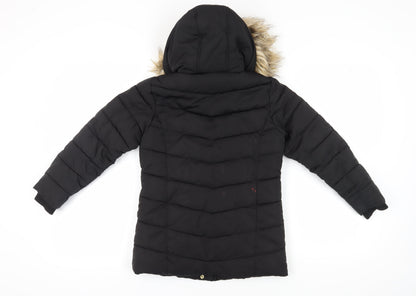 Next Girls Black Puffer Jacket 9 Years Hooded Fur Trim Winter