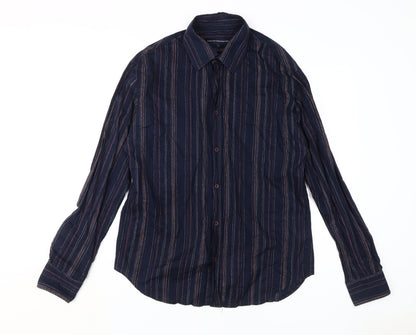 French Connection Men's Blue Striped Long Sleeve Shirt L