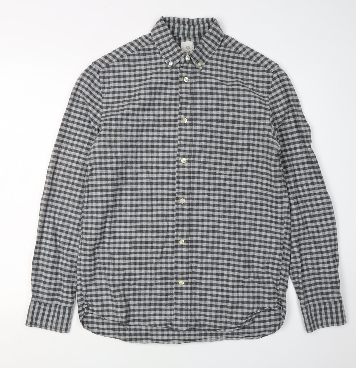 H&M Men's Grey Check Button-Up Shirt, Size S, Regular Fit