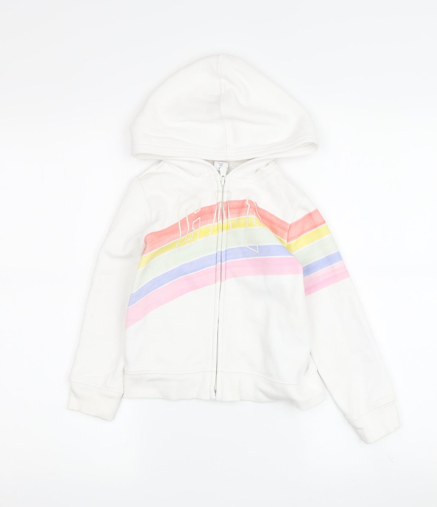 GAP Girls Full Zip White Hoodie with Rainbow Logo, Size 5