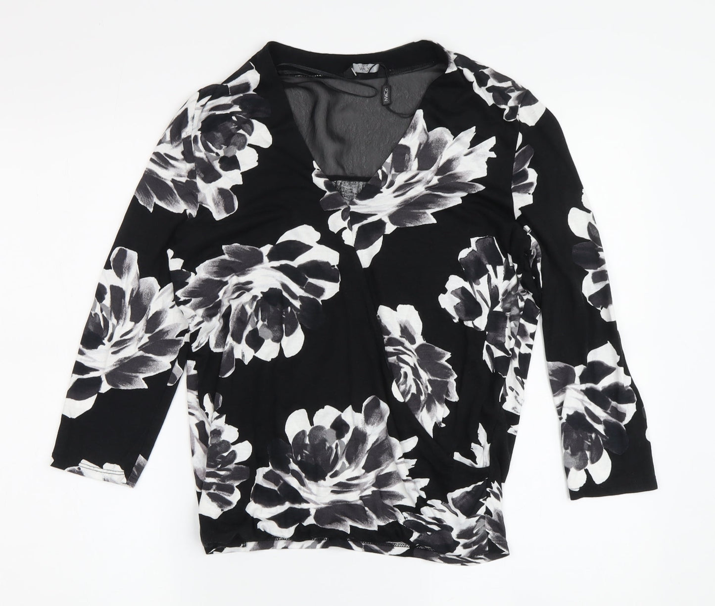 M&Co Women's Black Floral Wrap Blouse, Size 8