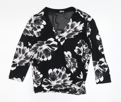 M&Co Women's Black Floral Wrap Blouse, Size 8