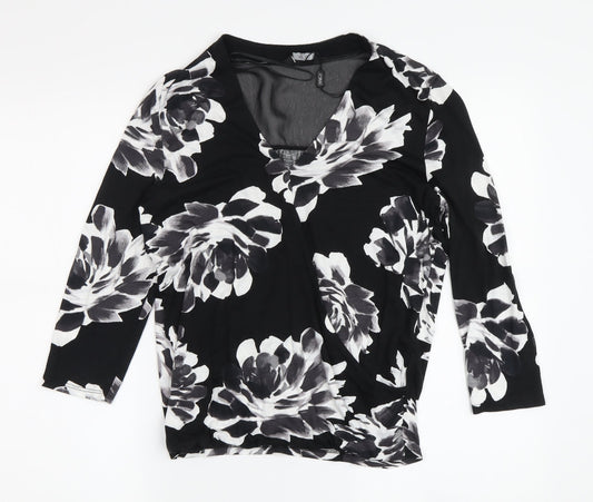 M&Co Women's Black Floral Wrap Blouse, Size 8