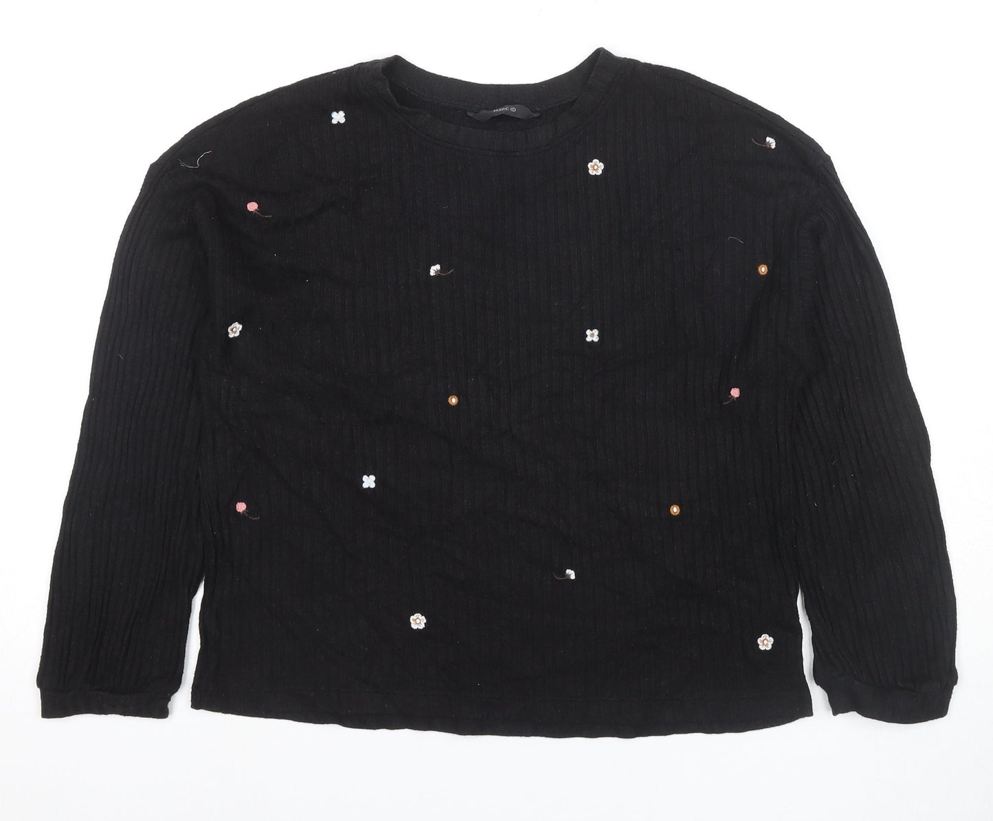Marc Women's Black Knit T-Shirt, Size L, Embroidered Floral