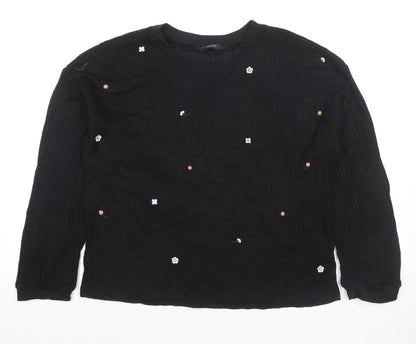 Marc Women's Black Knit T-Shirt, Size L, Embroidered Floral