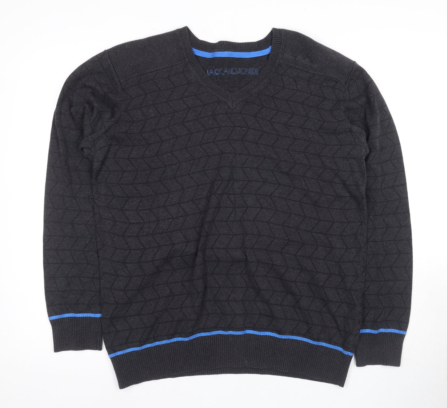 JACK & JONES Men's Black Geometric XL V-Neck Jumper