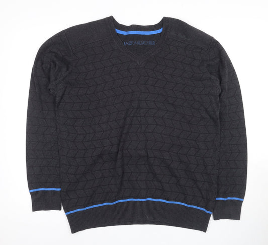 JACK & JONES Men's Black Geometric XL V-Neck Jumper