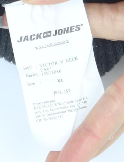 JACK & JONES Men's Black Geometric XL V-Neck Jumper