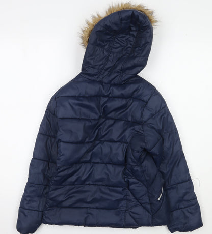 Zara Girls Blue Puffer Jacket 9-10 Years with Fur Trim Hood