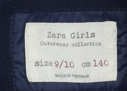 Zara Girls Blue Puffer Jacket 9-10 Years with Fur Trim Hood
