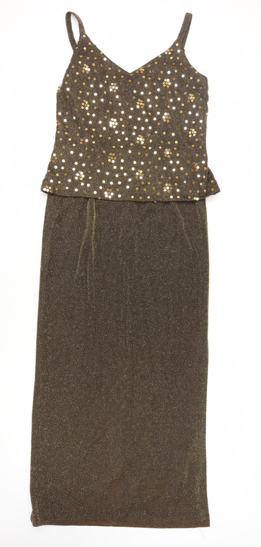 Alex Evenings Women's Gold Sequin Long Slip Dress Size 10